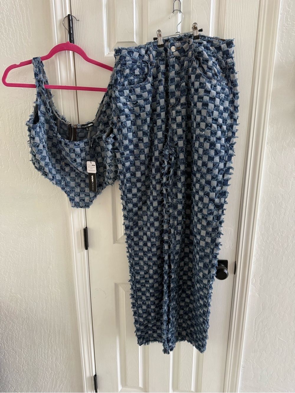 Fashion Nova Blue Checkered Fringe Denim Set